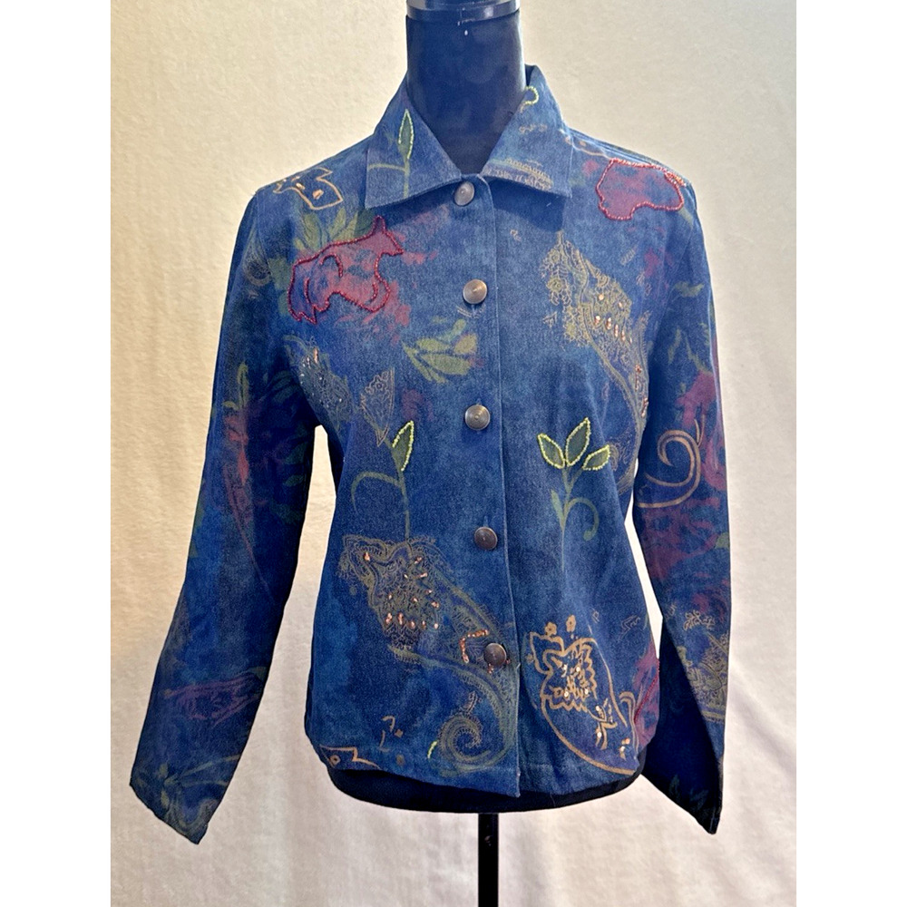 Vintage‎ Denim Jacket with Beads Sequin Paisley Button Up Size M
